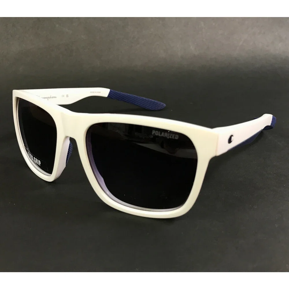 Champion Sunglasses AMP C03 White Square Frames with Dark Grey Polarized Lenses